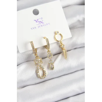 Pirinç Zİrkon Taşlı Sallantılı Model Gold Renk 3lü Kadın Küpe