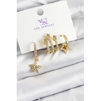 Pirinç Zİrkon Taşlı Sallantılı Yıldız Model Gold Renk 3lü Kadın Küpe