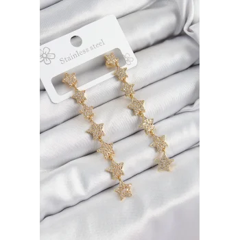 Pirinç Zirkon Taşlı Sallantılı Yıldız Model Gold Renk Kadın Küpe