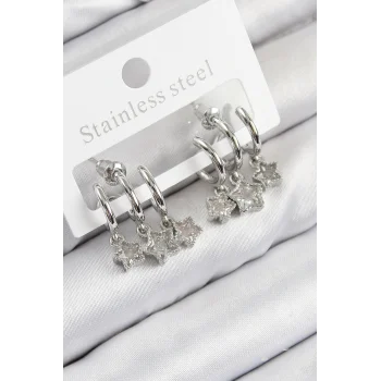 Pirinç Zirkon Taşlı Sallantılı Yıldız Model Gümüş Renk Kadın Küpe