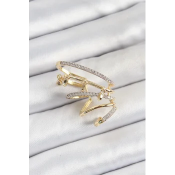 Pirinç Zirkon Taşlı Sıkıştırma Sağ Kıkırdak Gold Renk Kadın Küpe