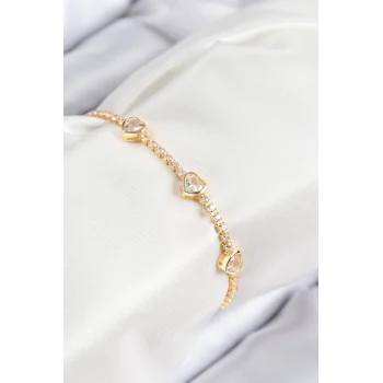 Pirinç Zirkon Taşlı Sıralı Kalp Model Gold Renk Kadın Bileklik