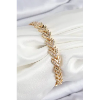 Pirinç Zirkon Taşlı Sıralı Ok Model Gold Renk Kadın Bileklik