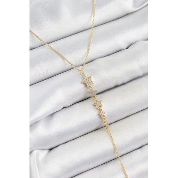 Pirinç Zirkon Taşlı Sıralı Yıldız Figürlü Y Model Gold Renk Kadın Kolye