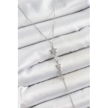 Pirinç Zirkon Taşlı Sıralı Yıldız Figürlü Y Model Gümüş Renk Kadın Kolye