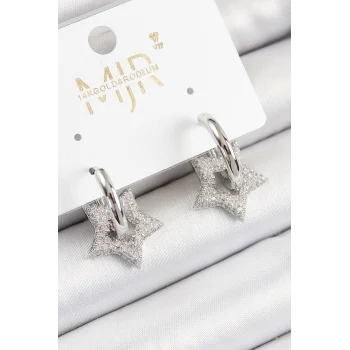 Pirinç Zirkon Taşlı Yıldız Figürlü Halka Model Gümüş Renk Kadın Küpe