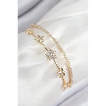 Pirinç Zirkon Taşlı Yıldız Model Gold Renk Kadın Bileklik