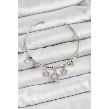 Pirinç Zirkon Taşlı Yıldız Model Gümüş Renk Charm Bileklik