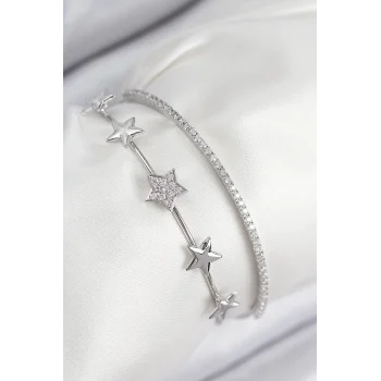 Pirinç Zirkon Taşlı Yıldız Model Gümüş Renk Kadın Bileklik