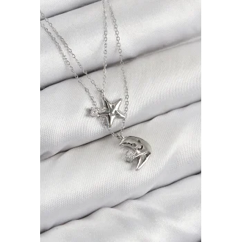 Pirinç Zirkon Taşlı Yıldız Ve Ay Model Gümüş Renk Kadın Kolye