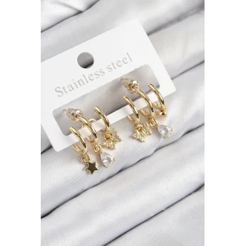 Pirinç Zirkon Taşlı Yıldız Ve Kelebek Model Gold Renk Kadın Küpe