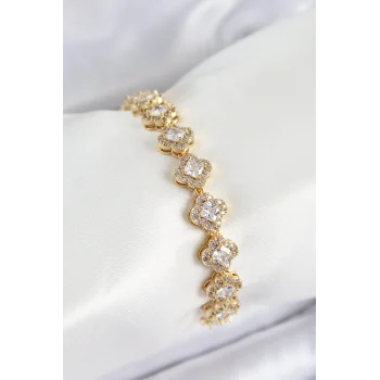 Pirinç Zirkon Taşlı Yonca Baget Model Gold Renk Vıp Seri Kadın Bileklik