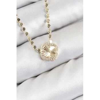 Pirinç Zirkon Taşlı Yonca Model Ezme Zincir Gold Renk Kadın Kolye