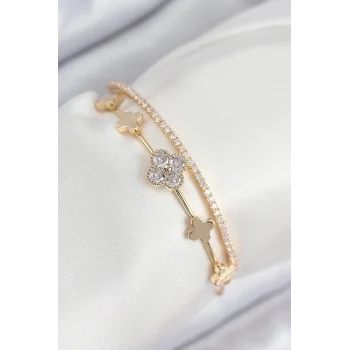 Pirinç Zirkon Taşlı Yonca Model Gold Renk Kadın Bileklik