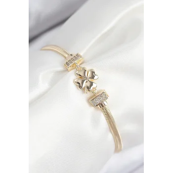 Pirinç Zirkon Taşlı Yonca Model Gold Renk Kadın Bileklik