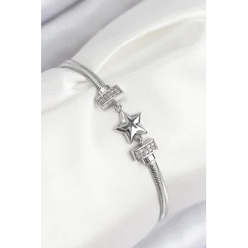 Pirinç Zirkon Taşlı Yonca Model Gümüş Renk Kadın Bileklik