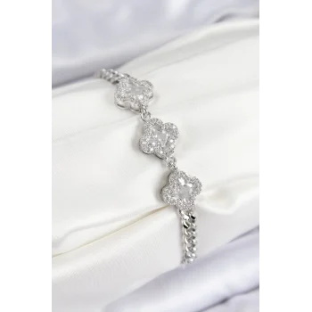 Pirinç Zirkon Taşlı Yonca Model Gümüş Renk Kadın Bileklik