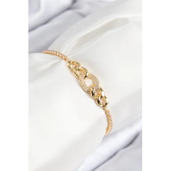 Pirinç Zirkon Taşlı Zincir Model Gold Renk Asansörlü Kadın Bileklik