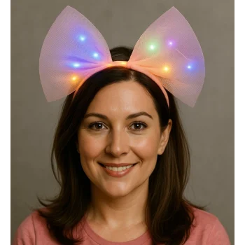 Rengarenk Led Işıklı Fiyonk Şekilli Tül Parti Tacı Pembe Renk 25x25 cm