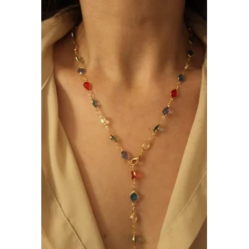 Shyla Uzun Zincirli Ayarlanabilir Renkli Taşlı Kolye