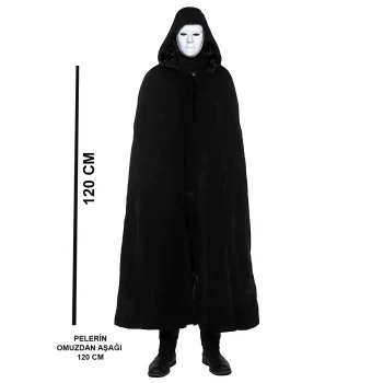 Siyah Kapüşonlu 120 Cm Pelerin Ve Beyaz Boyanabilir Tam Yüz Maske