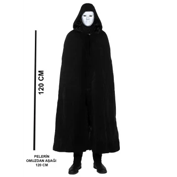 Siyah Kapüşonlu 120 Cm Pelerin Ve Beyaz Boyanabilir Tam Yüz Maske
