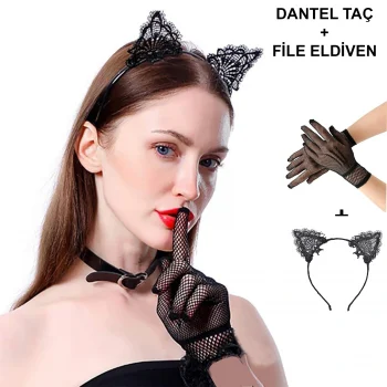 Siyah Kedi Dantel Taç + Eldiven Seti – Parti, Dans Ve Kostüm Kombini