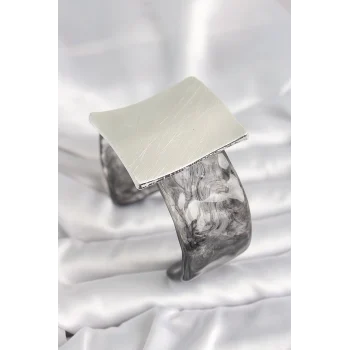 Siyah Mermer Desen Akrilik Plastik Gümüş Kare Plaka Model Vintage Kadın Bilezik