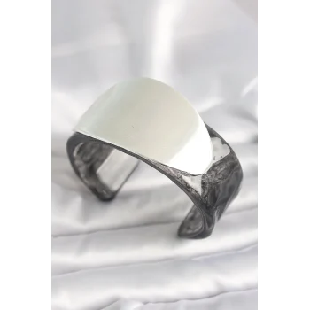 Siyah Mermer Desen Akrilik Plastik Gümüş Oval Plaka Model Vintage Kadın Bilezik