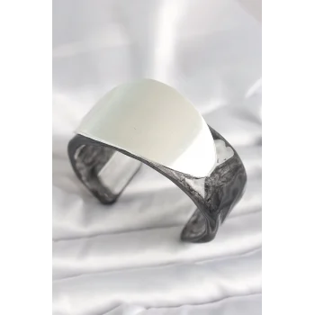 Siyah Mermer Desen Akrilik Plastik Gümüş Oval Plaka Model Vintage Kadın Bilezik