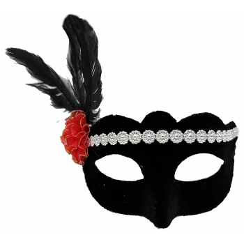 Siyah Renk Süet Kaplama Gümüş Dantelli Kırmızı Gül Tasarımlı Parti Maskesi 18x20 Cm
