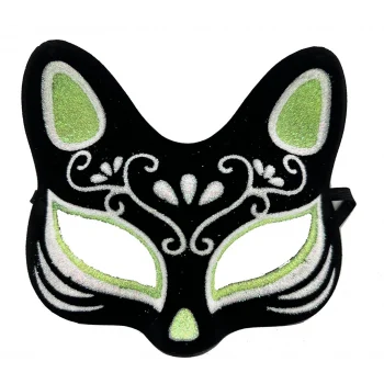Siyah Renk Süet Kaplama Üzeri Gümüş Yeşil Simli Kedi Maskesi 17x14 Cm