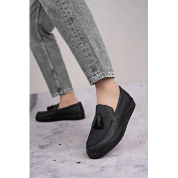 SLW153 Bloom Bağcıksız Püsküllü Cilt Erkek Günlük Spor Klasik Ayakkabı CST - Siyah