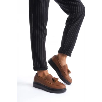 SLW154 Blaze Bağcıksız Püsküllü Cilt Erkek Günlük Spor Klasik Ayakkabı CST - Taba