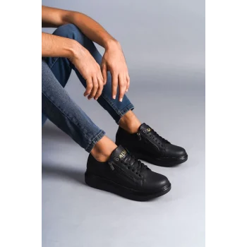 SLW155 Warrior Bağcıklı ve Fermuarlı Cilt Erkek Günlük Sneaker Ayakkabı CST - Siyah