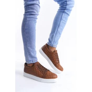 SLW166 Prestige Bağcıklı Cilt Kapitone Desenli Erkek Günlük Sneaker Ayakkabı CBT - Taba