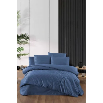 Stripe Saten Line Çift Kişilik Nevresim Takımı  İndigo