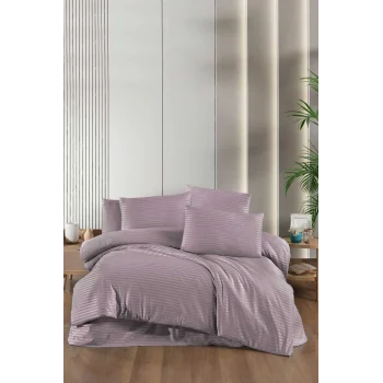 Stripe Saten Line Çift Kişilik Nevresim Takımı Mürdüm