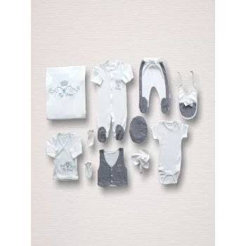 Luz&Pos Süper Prens Nakışlı  10lu Zıbın Takımı Hastane Çıkışı Gri