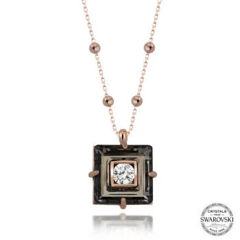 Luz&Pos Swarovski Crystal Taşlı Rose Top Zincir Siyah Elmas Gümüş Kadın Kolye