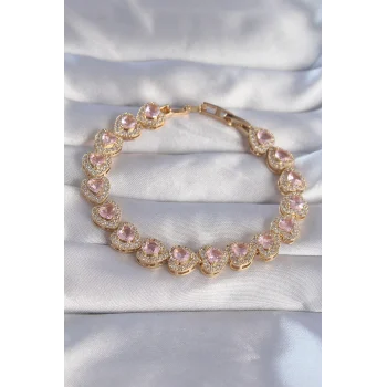 Vip Seri Pirinç Gold Renk Pembe Zirkon Taşlı Kalp Tasarımlı Bileklik