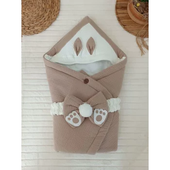 Luz&Pos Yenidoğan 4 Kat Müslin Kumaş Kulaklı Patili Fiyonk Bebek Battaniyesi Kundak Yeşil