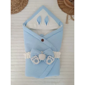Luz&Pos Yenidoğan 4 Kat Müslin Kumaş Kulaklı Patili Fiyonk Bebek Battaniyesi Kundak Mavi