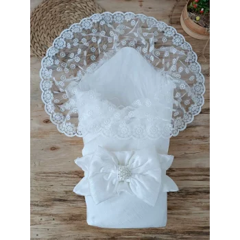 Luz&Pos Yenidoğan Ay Işığı Papatya Dantelli Taşlı Fiyonk Bebek Battaniyesi Kundak Ekru