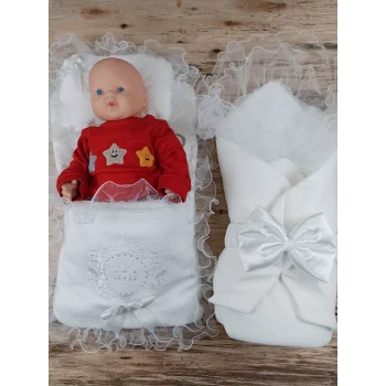 Luz&Pos Yenidoğan Bal Peteği Taç Nakışlı Kundaklı Trilüks 3lü Alt Açma Seti Ekru