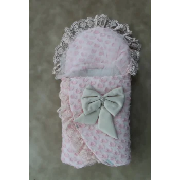 Luz&Pos Yenidoğan Dörtlü Koza Dantelli Kız Kundak Bebek Battaniyesi Pembe