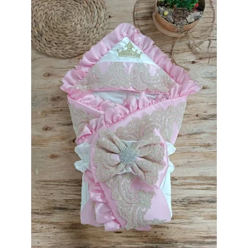 Luz&Pos Yenidoğan Grand Lüks Kelebek Ağır Güpür İşlemeli Şapkalı Bebek Battaniyesi Kundak Pembe