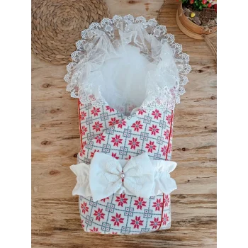 Luz&Pos Yenidoğan Kar Tanesi Desenli Dantelli Duvaklı Bebek Battaniyesi Kundak Ekru
