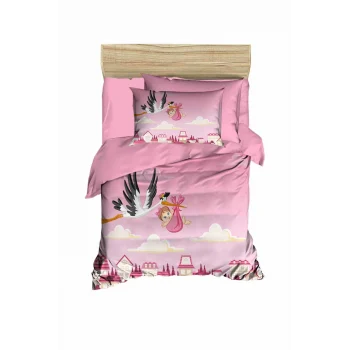 Yenidoğan Kız Bebek Nevresim Takımı &#37;100 Pamuklu Leylek