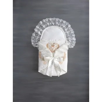 Luz&Pos Yenidoğan Kuğu Nakışlı Avangard Kundak Bebek Battaniyesi Ekru